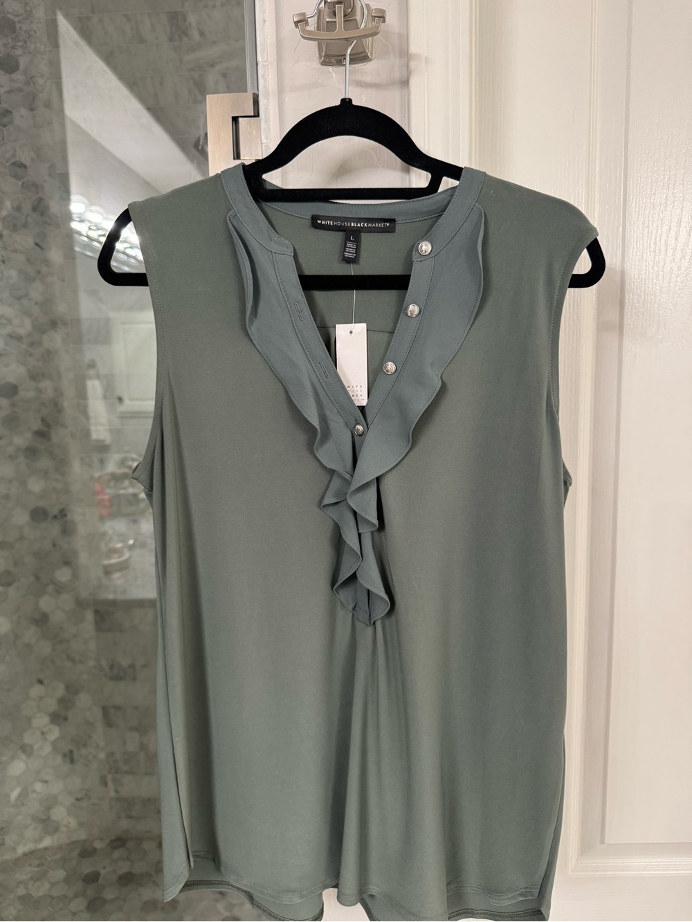 White House Black Market Ruffle Blouse Sage Green Large L NWT